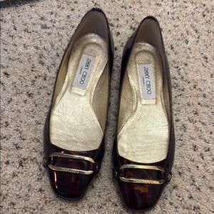Jimmy Choo Tortoiseshell Brown Patent Leather Ballet Flats with Gold Hardware